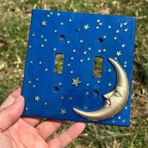 Wooden Double Light Switch Plate Cover Celestial Moon and Stars Whimsical Goth